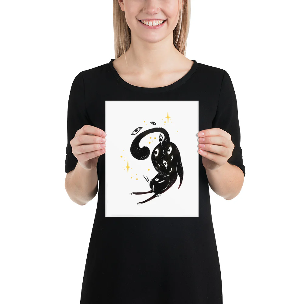 Stretching Black Cat, Matte Art Print Poster - Image 2