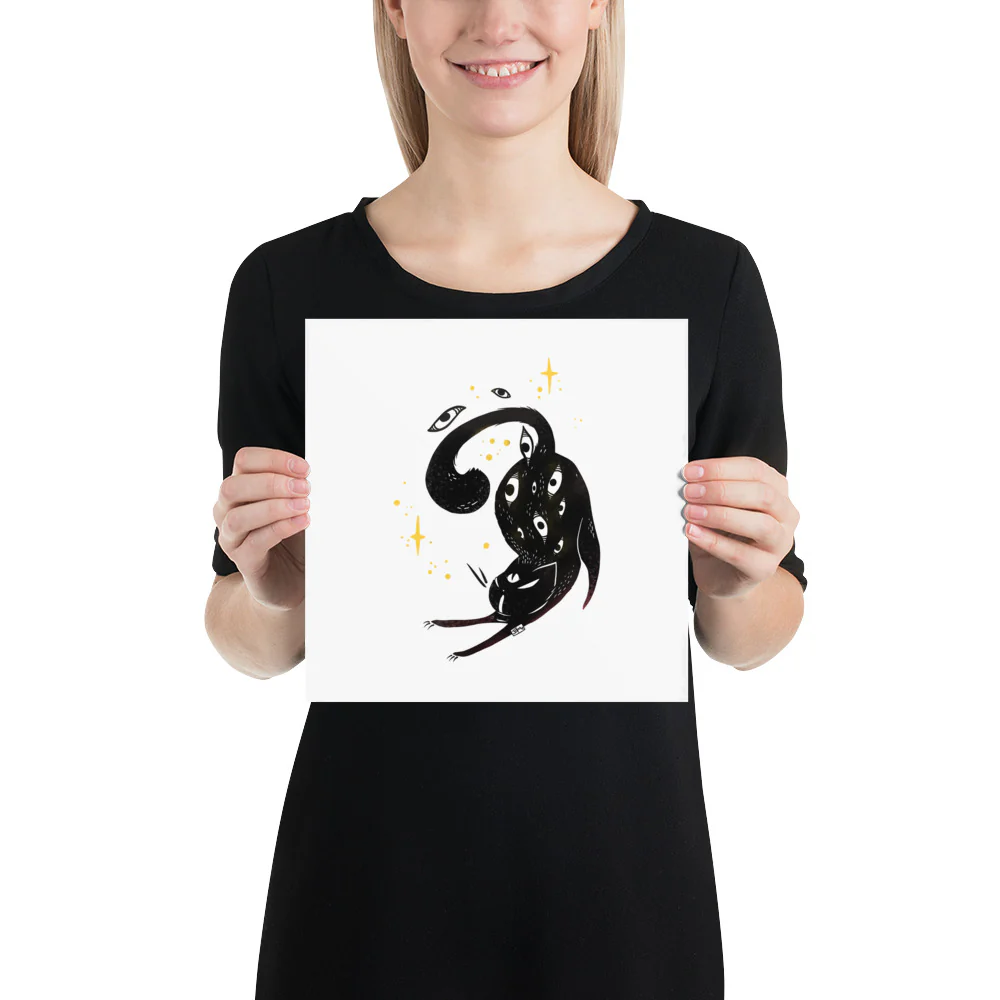 Stretching Black Cat, Matte Art Print Poster - Image 3