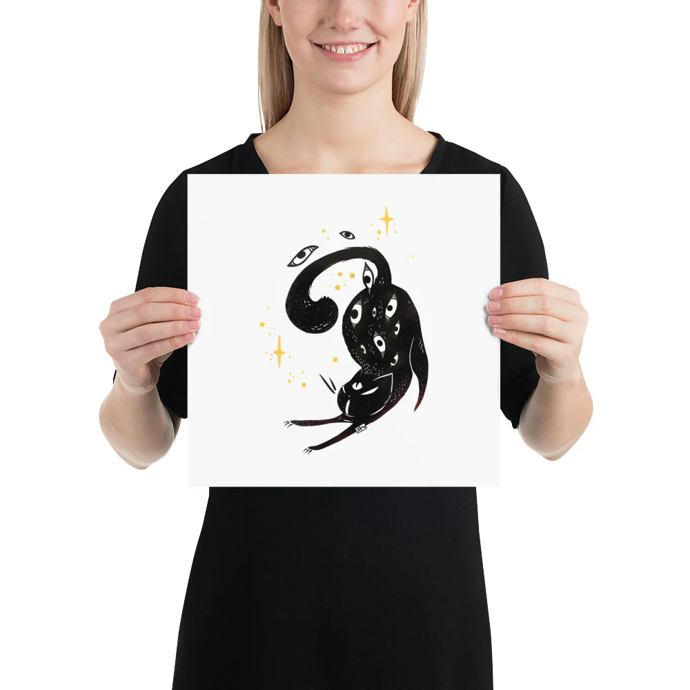 Stretching Black Cat, Matte Art Print Poster - Image 4