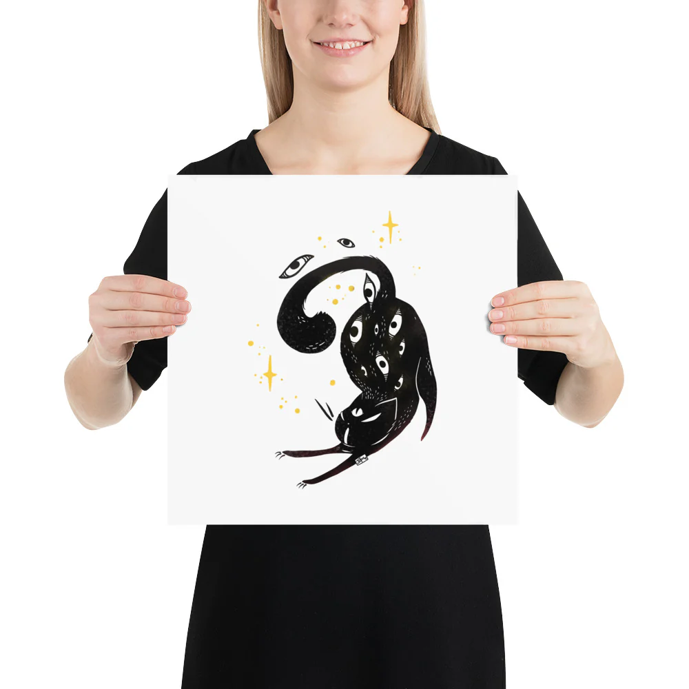 Stretching Black Cat, Matte Art Print Poster - Image 5