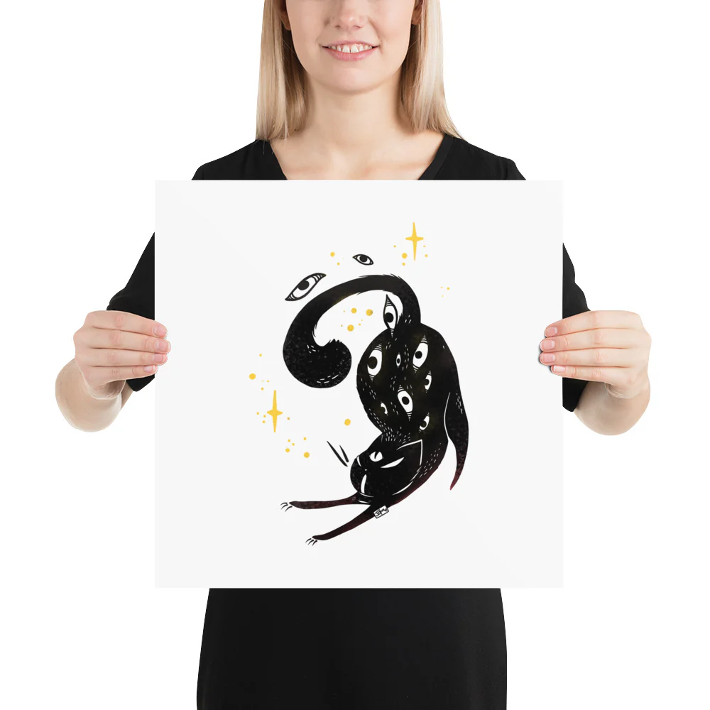 Stretching Black Cat, Matte Art Print Poster - Image 6