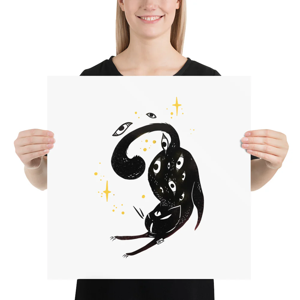 Stretching Black Cat, Matte Art Print Poster - Image 7