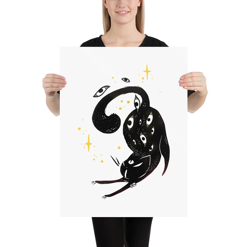 Stretching Black Cat, Matte Art Print Poster - Image 8