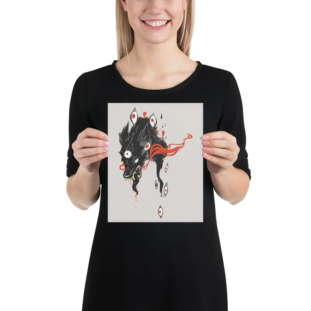 Wolf & Eyes On Gray, Matte Art Print Poster - Image 2
