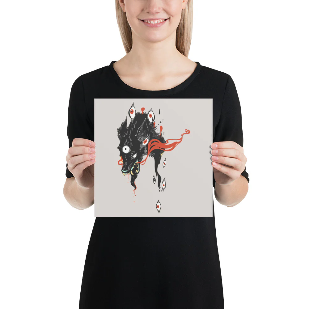 Wolf & Eyes On Gray, Matte Art Print Poster - Image 3