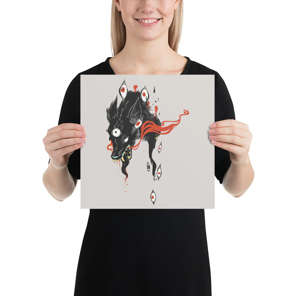 Wolf & Eyes On Gray, Matte Art Print Poster - Image 4
