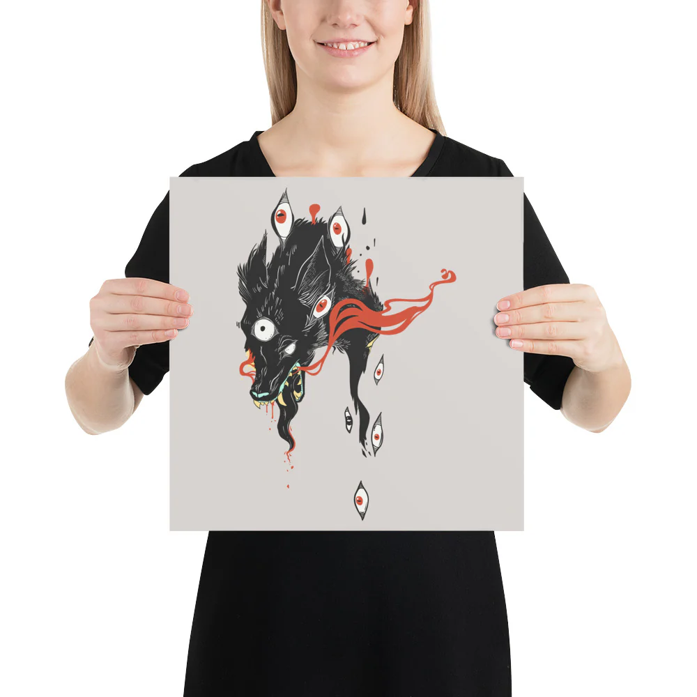Wolf & Eyes On Gray, Matte Art Print Poster - Image 5