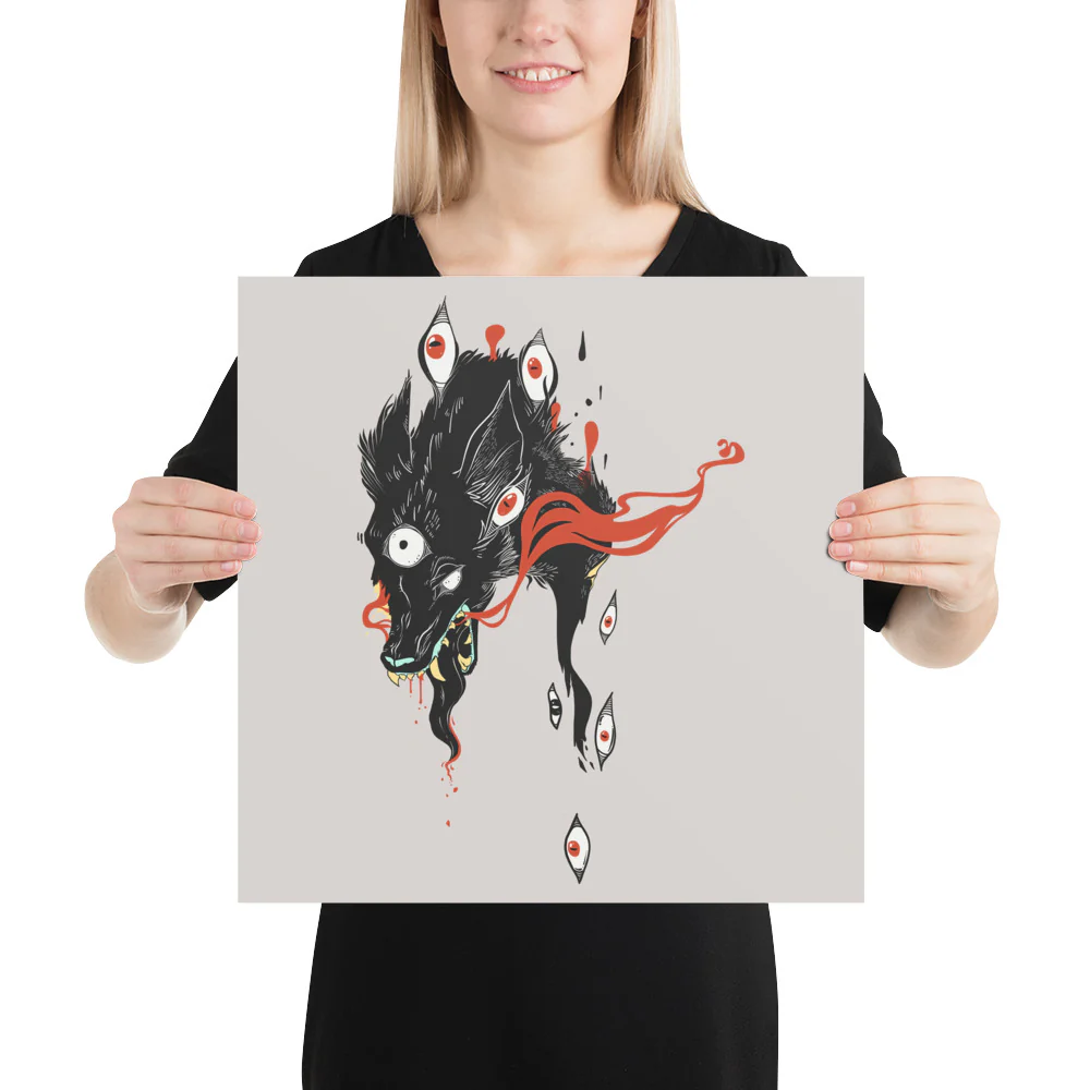 Wolf & Eyes On Gray, Matte Art Print Poster - Image 6