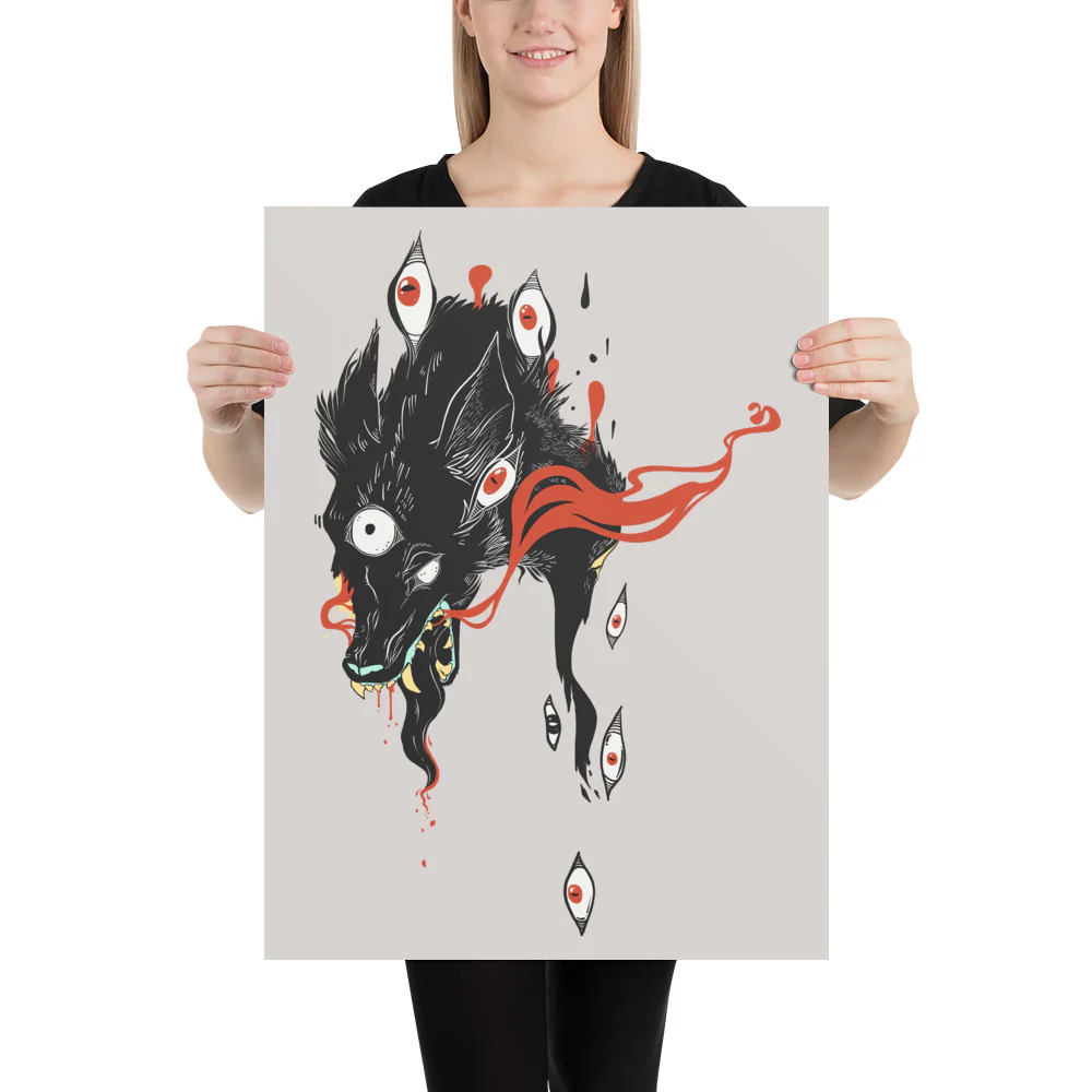 Wolf & Eyes On Gray, Matte Art Print Poster - Image 8